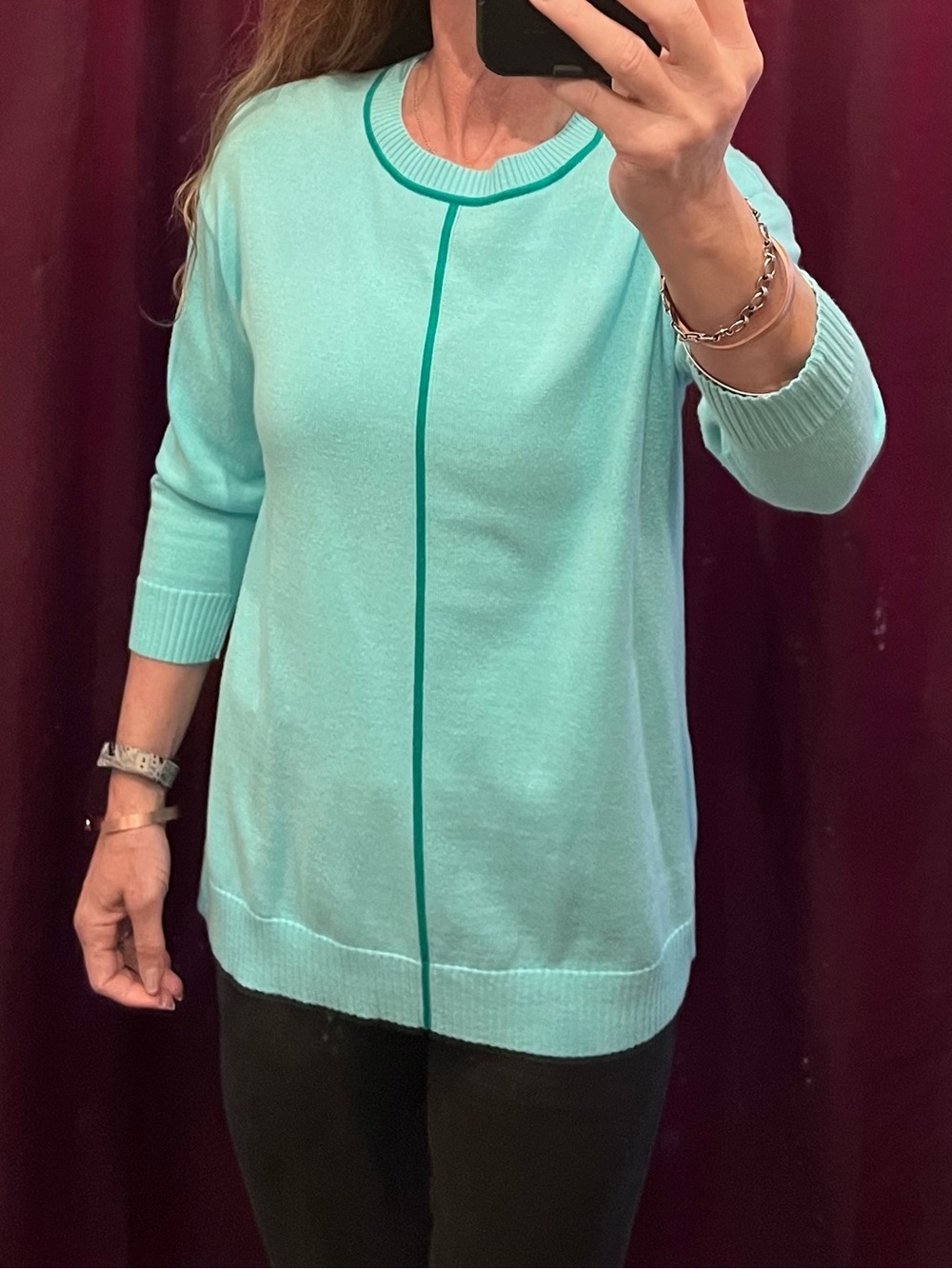 Isaac Mizrahi Mint Green Crewneck Sweater with Teal Trim